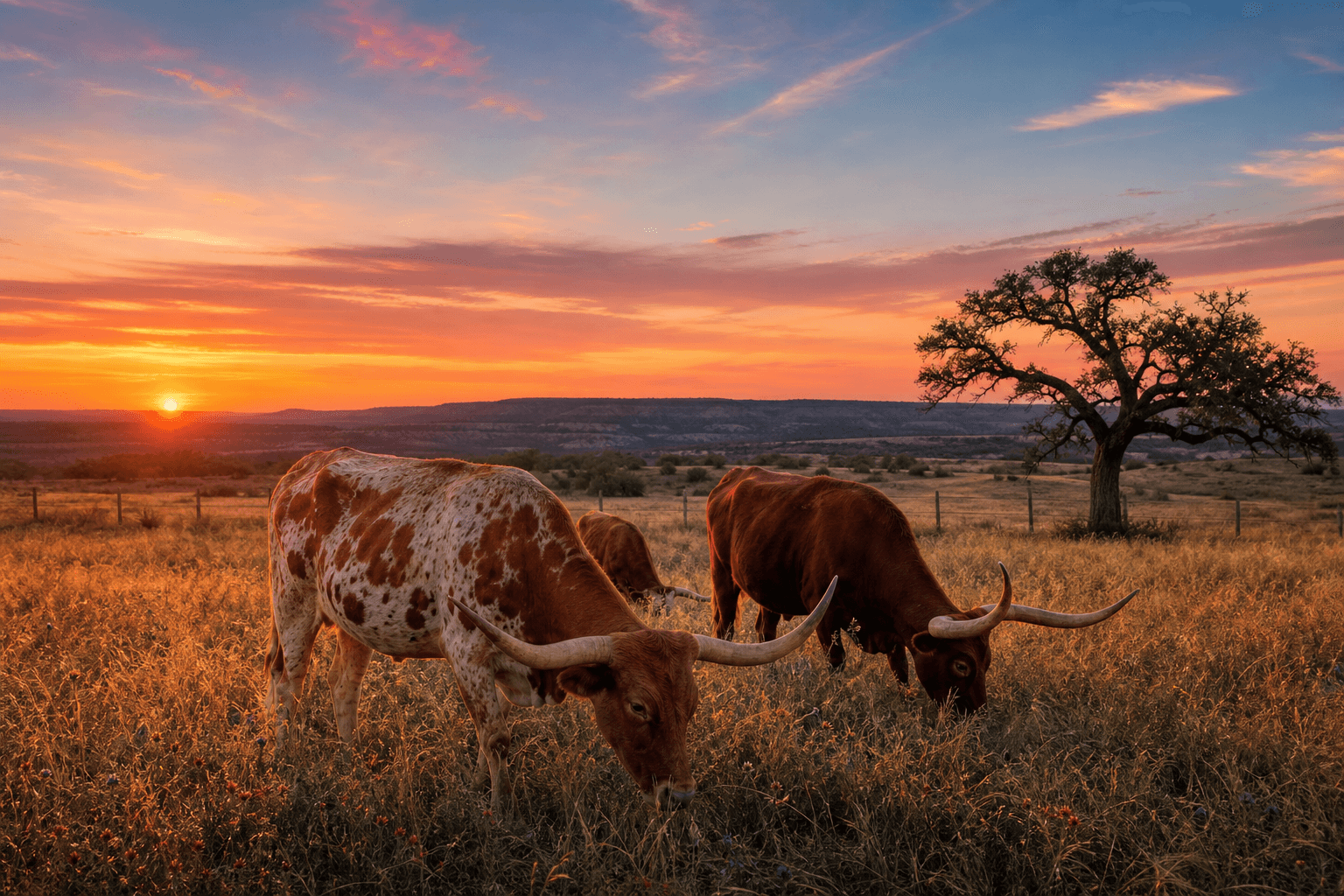 Texas Longhorn cattle grazing in a golden Hill Country pasture at sunset